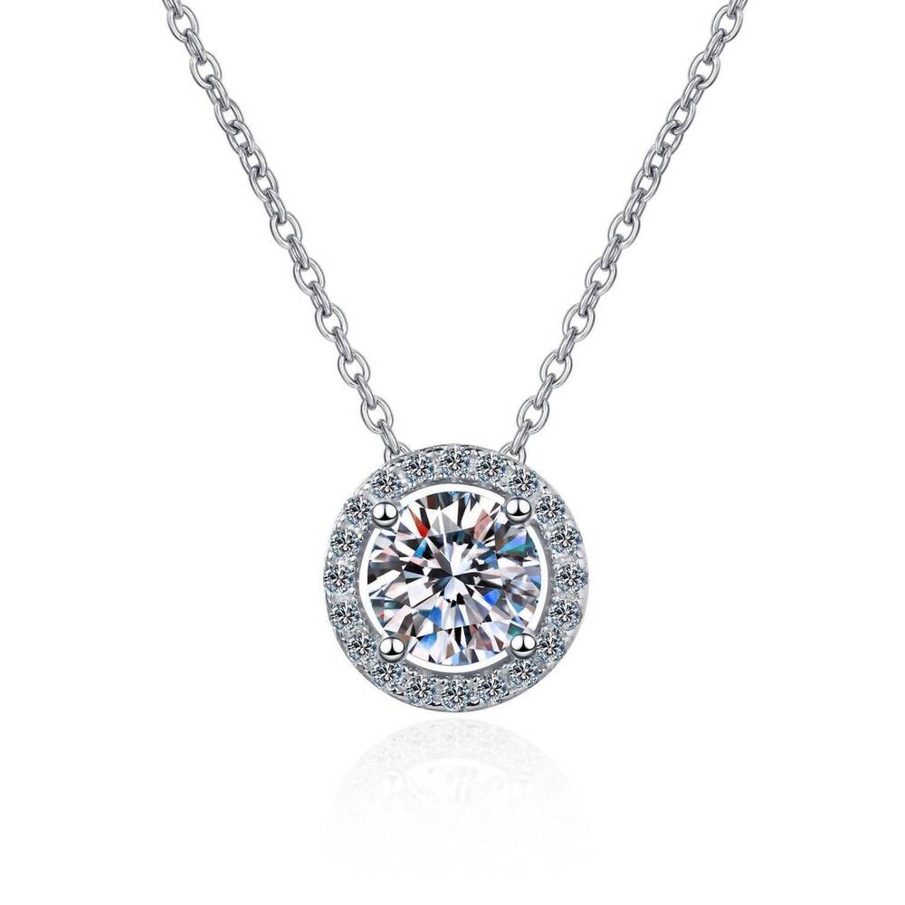 NEW BLING JEWELRY women's four-prong moissanite halo necklace in silver